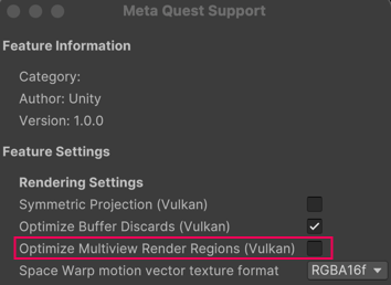 The Optimize Multiview Render Regions feature is enabled in the OpenXR Rendering Settings.