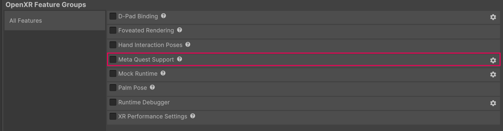 Meta Quest Support in the OpenXR settings.